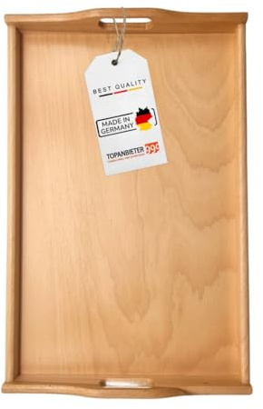 Premium Holz-Tablett Serviertablett Buche Natur lackiert Made in Germany, groß - 60 x 39 cm, Frühstückstablett mit Griffen, Deko Holztablett, Küchentablett rechteckig, stabil mit eingenutetem Boden