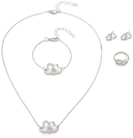 TTPSRY 4 PCS Jewellery Set for Women Necklace Bracelet Earrings Ring Set Cubic Zirconia Double Love Heart Pendant Interlocking Jewellery Christmas Party Gifts for Mum Girls Wife
