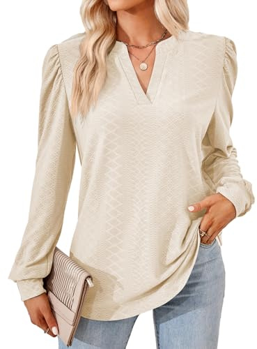 Oheyeseker Donna Manica Lunga Maglia Scollo a V Maglietta Elegante T-Shirt Basic Casual Tunica Bluse Camicette Tops Autunno Camicia Shirts（S,Albicocca）
