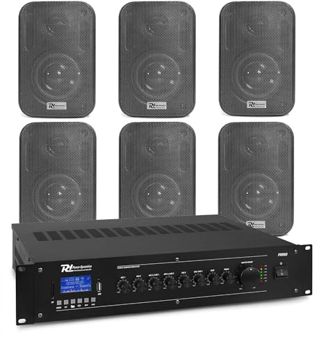 Power Dynamics BC30V + PRM60 - Juego de Altavoces Resistentes IPX5 con Amplificador 100V Bluetooth, USB y SD. Sonido de Calidad para Interiores y Exteriores en comercios, terrazas y oficinas.
