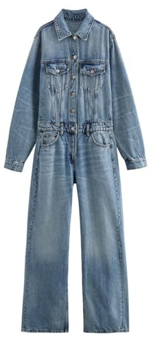 Vintage Denim Jumpsuit för Kvinnor Långärmad Knäppning Uppåtvänd Krage Casual Hellängd Jeansoveraller,Blue,L