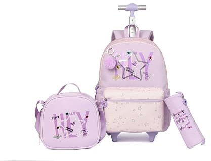 kingdisen Kids Backpack for Girls Luggage School Trolley Bag with Lunch Box 3pc Set (HEY PURPLE)