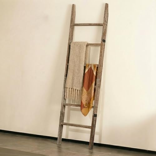 Blanket Ladder for Living Room 6-Tier, Wooden Decorative Quilt Holder for Bed Room, Wall-Leaning Towel Rack for Bathroom, Decorative Blanket Ladder Wood for Home Decor & Display (Dark Wash)