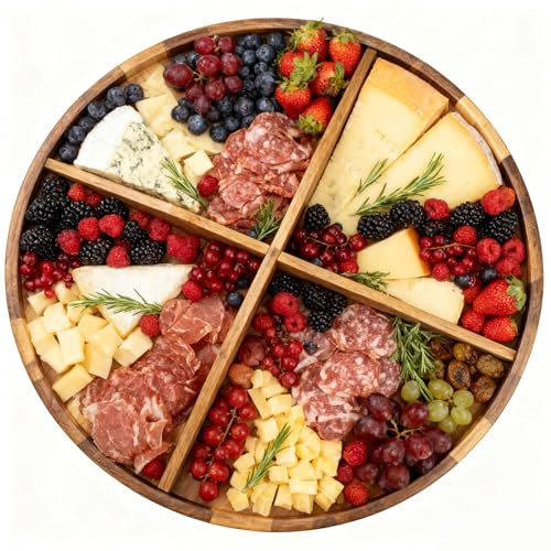 Utoplike Extra Large Acacia Wood Serving Tray, 60 cm Round Charcuterie Board, Cheese Board with Rotating Base Raised Edge and Removable Dividers for Food, Snacks, Party, Dining