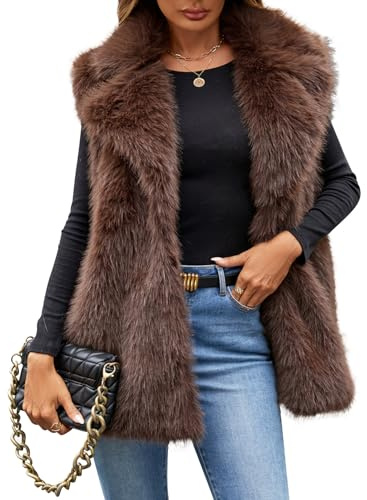 Kissonic Women's Faux Fur Vest Sleeveless Fuzzy Jacket Fluffy Coat Open Front Furry Outerwear Vests(Brown-S)