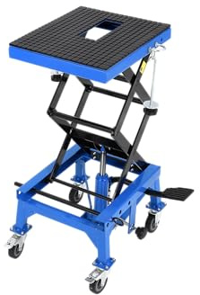 350 LBS Hydraulic Motorcycle Lift Jack, Foot-Operated Scissor Jack with Wide Deck, Safety Lock & Locking Wheels for Motorcycle, ATV, Buggy & Dirt Bike Maintenance, Blue