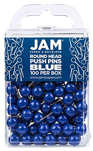 JAM PAPER Colorful Push Pins - Round Head Map Thumb Tacks - Blue Pushpins - 100/Pack