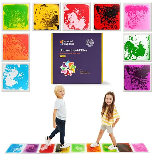 Special Supplies Square Floor Liquid Tiles for Kids, Set of 9, Colorful Early Learning Sensory Activity Mats for Toddlers and Children, Anti-Slip Backing for Active Play, Dance, and Games