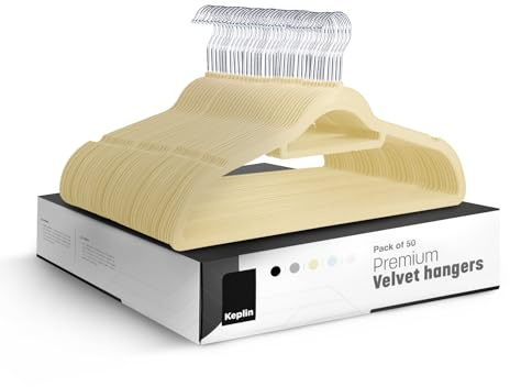 KEPLIN Adult Size Velvet Hangers, Non-Slip & Tie Bar - Cream, 50 Pack | 360° swivel hook, holds up to 4.5kg, space-saving, non-slip velvet, ideal for suits, jackets & coats