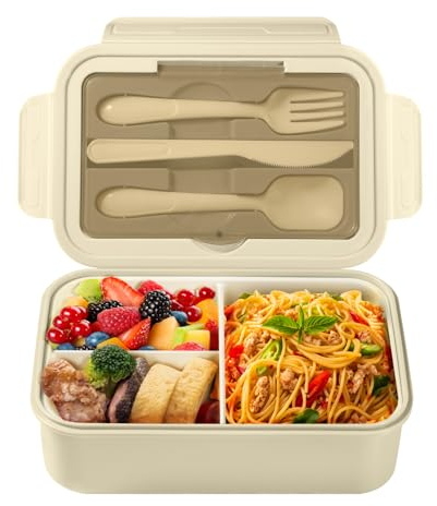 Diboniur Brotdose Lunchbox mit Fächern Besteck Kinder Erwachsene 1400ML Bento Box für Mikrowelle, Spülmaschine, Schule, Picknick, Arbeit (Khaki)
