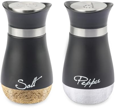 TEKONDA Juego de salero y pimentero de acero inoxidable, fondo de cristal, apto para cocina, camping, picnic, barbacoa, color negro