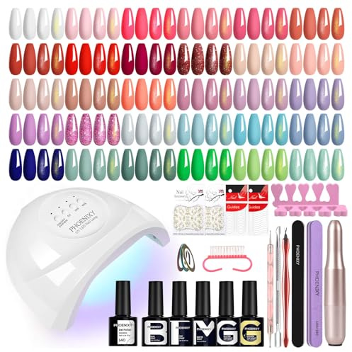 Phoenixy Kit Vernis Semi Permanent 30 Couleur Ponceuse pour Ongles Kit Ongle Gel U V Complet 48W Lampe U V Base Top Coat Rose Rouge Bleu Lime à Ongles Vernis Semi Permanent pour Débutant