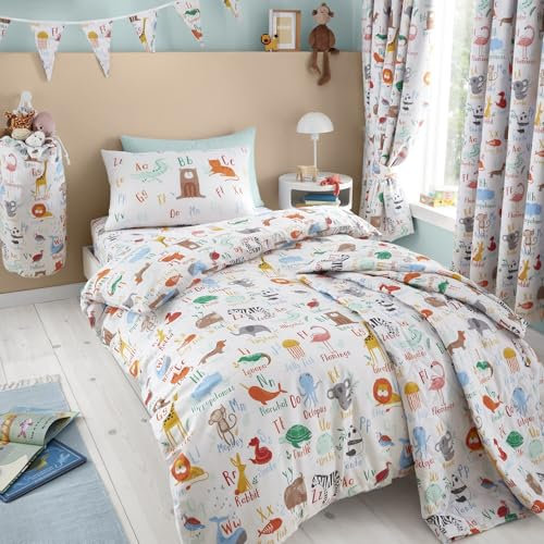 Happy Linen Company Girls Boys Kids Animal Alphabet ABC White Multicolour Toddler Cot Bed Reversible Duvet Cover Quilt Bedding Set with Pillow Case Bed Linen