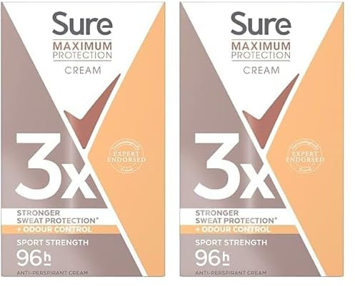 Sure Maximum Protection Sport Strength Anti-Perspirant Cream Stick - 96-hour Deodorant for 3x Stronger Sweat Protection, 45 ml (Pack of 2)
