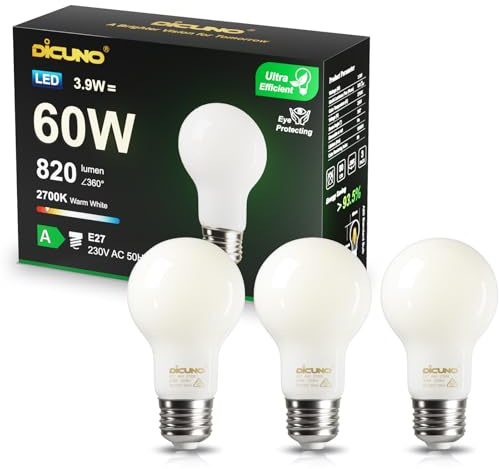DiCUNO Bombilla LED Ultra Eficiente E27 3.9W, equivalente 60W, Clase de energía A, Blanco cálido 2700K, 820lm, Lámparas LED filamento Edison, A60 de bajo consumo, No Regulable, Vidrio, 3 Piezas