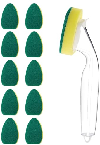 Hinapan Spugna con dispenser per detersivo, con 1 asta per lavastoviglie e 10 testine di ricambio, spugna per la pulizia con manico, resistente ai graffi