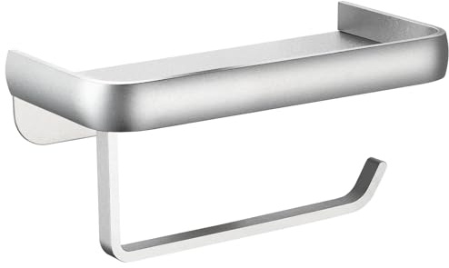 Portarrollos de Papel Higiénico Katezon con Soporte para Teléfono, Adhesivo o con Tornillos, Dispensador de Aluminio Multifuncional para Baño, Resistente a la Corrosión (Plateado)