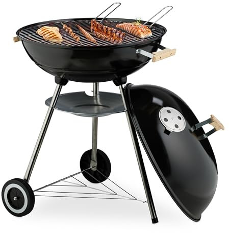 Relaxdays Barbacoa Carbón, 54 cm Ø, BBQ Exterior, Parrilla para Brasas con Ruedas y Soporte, Recoge Cenizas, Negro