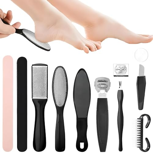 11 piezas de recogedor de pies, lijadora de pie, escotilla de pies pedicura, manual de doble cara, quitar las pieles muertas, para eliminar la piel muerta, cuidado del pie, negro