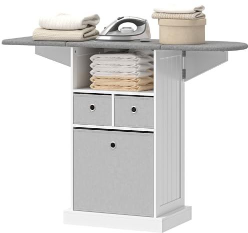 HOMCOM Mobile Asse da Stiro Pieghevole Salvaspazio, Mobile da Stiro Multiuso con 3 Cassetti in Tessuto Effetto Lino, Ruote a Freno, Ripiano Aperto, per Lavanderia e Bagno, 121x37x89.5 cm, Bianco