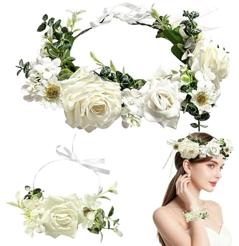 TZEKING Ghirlanda di Fiori e Bracciale Set, Corona di Fiori per Capelli con Fascia Regolabile, Coroncina per Sposa e Damigella, Adatto per Adulti e Bambini, per Matrimonio, Festa, Festival, Spiaggia