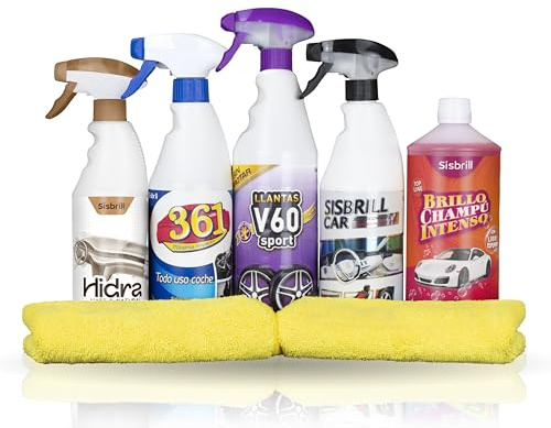 Sisbrill Kit Detail Básico – Kit Limpieza Coche con Champú, Limpiallantas, Limpiador Interior, Acondicionador de Plásticos y Microfibras para Lavado y Detallado