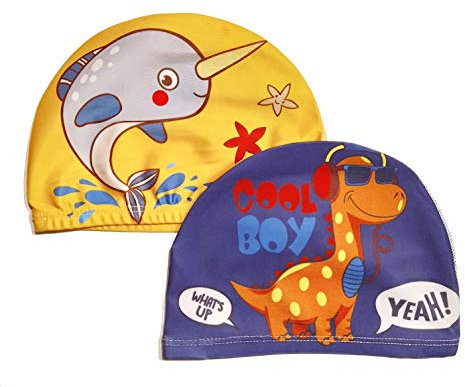 2er-Set Coole Badekappen für Jungen (Alter: 2-5 Jahre) - Dino und Wal - 100% Nylon und 0% Ziepen - Kinder Schwimmkappe Haube