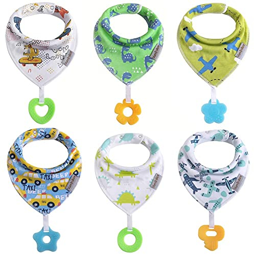 vuminbox Baby Dreieckstuch Babylätzchen Bandana mit Beißspielzeug Einstellbar Spucktuch 100% Bio-Baumwolle, Super Saugfähig und Weiche, Halstücher Drool Lätzchen für Mädchen (6pack Junge)
