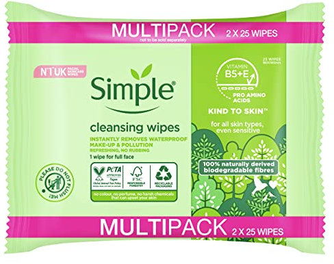 Simple Cleansing Face Wipes Biodegradable 50pc