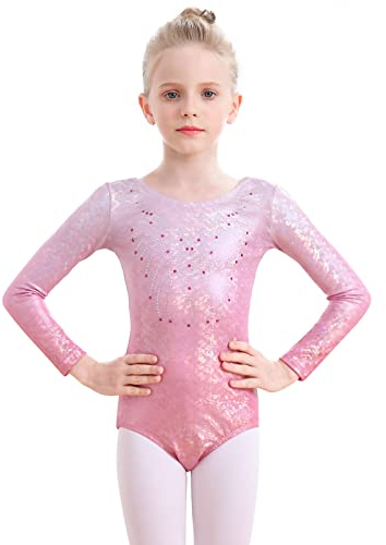 Monbessi Turnanzug Mädchen Langarm Glitzernde Kinder Gymnastikanzug Rundhalsausschnitt Dancewear 5-12 Jahre (120, Rosa)