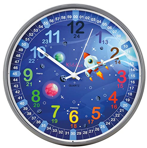Kiddus Orologio da Parete Bambini per Imparare l'Ora, Orologio Educativo 30cm con Lancette Scritte Ora e Minuto, Decorazione Cameretta Bimbo e Bimba, Silenzioso, Pedagogico Colorati per Scuola e Casa
