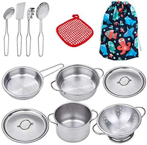 12-piece mini kitchen set, stainless steel kitchen toys, kitchen role-playing props, pots and pans kitchen cooking accessories, suitable for children 3 years old and above