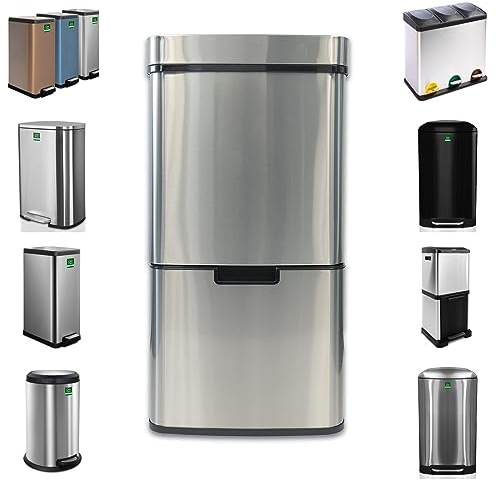 casa pura Mülleimer bis zu 72 Liter - Abfalleimer aus Edelstahl - Mülltrennsystem für Küche - Treteimer - Abfallsammler - Inneneimer mit Tragegriff (Dirk - Edelstahl, 72 Liter)