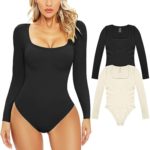 Xnova Body Donna Bodysuit a Costine Elasticizzate Body Donna Elegante con Collo a U Manica Lunga Casuale Shapewear Tops Tinta Unita Vita Quotidiana, 2PC Nero + Bianco, S