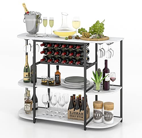 GIANTEX Weinregal mit Glashalter, 3 Ebenen Flaschenregal für 18 Flaschen & 8 Gläser, schmaler Küchentisch Konsolentisch, Flurtisch Dielentisch Holz & Metallrahmen, Weinschranktisch 120x40x91cm