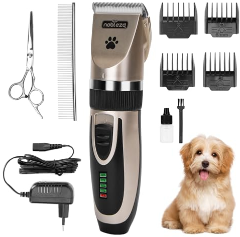Nobleza Leise Hundeschermaschine, wiederaufladbare Profi Schermaschine Hund Set, für Dickes, Langes und Lockiges Tierhaare, 2 einstellbare Geschwindigkeiten, Geschenkschere und Kamm