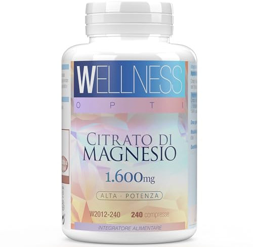 WELLNESS OPTI Citrato di magnesio 1600 mg ad alto assorbimento – Supplemento di 240 compresse per benessere integrale, apporto energetico quotidiano ed equilibrio nutrizionale, senza additivi inutili.