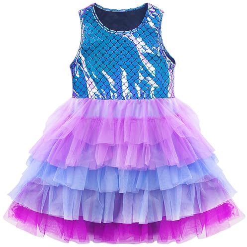 FILOWA Vestido Niña Elegante Tul Vestidos Sirena Princesa Disfraz, 3-8 años | Infantil Lentejuelas Tutu, Sin Manga/Manga Larga, Primavera Verano Otoño Ropa, Fiesta Parco Scuola Cumpleaños Dress