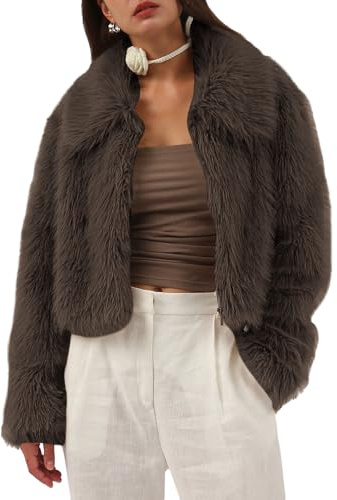 Amazhiyu Manteau en fausse fourrure pour femme, veste d’hiver à manches longues col rond avec fermeture éclair - Manteau d’hiver douillet et chaud, marron, XL