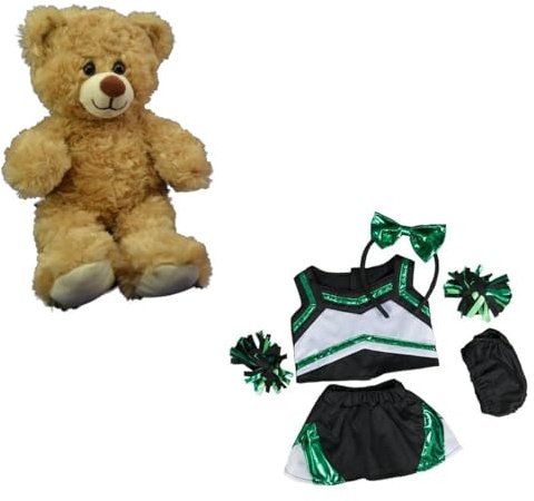 New Taffy The Brown Bear 8-Inch Stuffed Toy in Metallic Green & Black Cheerleader Uniform - Includes Pompoms and Cheer Bow - Adorable Cheerleading Stuffed Animal Gift for Kids & Collectors