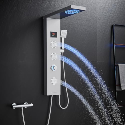 KINKIBOS Pannello doccia senza rubinetto, 6 funzioni, pannello doccia con indicatore di temperatura a LED, doccia a pioggia, nebbia, ugelli massaggianti, doccetta e vasca da bagno, colonna doccia in