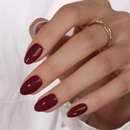 KQueenest Soft Gel Press on Nails Kurz – Sheer Dunkelrote Nägel zum Aufkleben Kurz Runde, Einfarbig Fake Nails, Glänzend Burgunderrot Mandel Künstliche Nägel Set für Frauen, 24 Stück