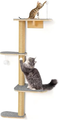 Wall-Mounted Cat Tree 125cm, 4 Tier Kitten Scratching Post, Cat Wall Shelves for Large Cats Kittens with Non-Slip Felt Platform, Suitable for Climb, Scratch and Play