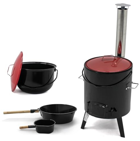 Muntel Canon à goulasch de 14 litres - Avec accessoires - Louche à soupe avec grille de cuisson - Deux casseroles - Poignées en bois - Tuyau de cheminée - 92 x 35 x 45 cm - Noir