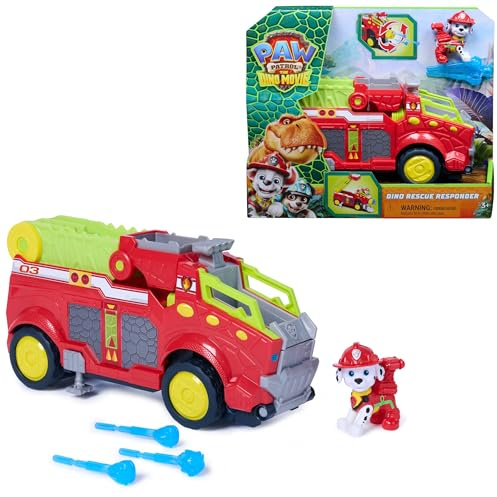 Paw Patrol - Pat Patrouille Le Film Mission Dino - Camion Pompiers Marcus | Véhicule Pompiers : Cabine Amovible, Lance-Projectiles & Échelle Extensible - Figurine Marcus - Dès 3 ans