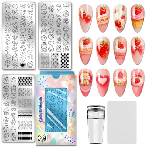 PH PandaHall 3pcs Plaque de Stamping pour Ongles Gâteau Fraise Modèles de Nail Art Nœud Papillon Sucré Desserts aux Fraises Pochoirs en Acier Inoxydable avec Outil pour Manucures Design Salon