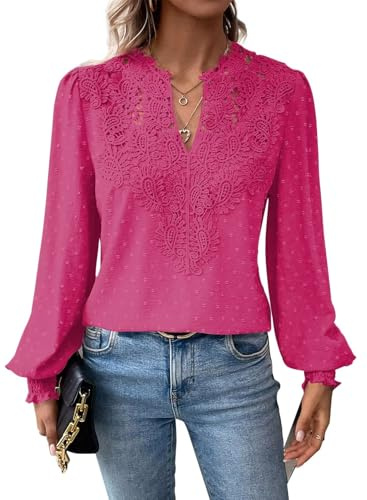 TUUHAW Camiseta Oversize Mujer Camisetas Manga Larga Mujer V-Cuello Camisa Volantes Suelto Básica Blusas Casual Elegante Túnica Encaje Tops Estilo Retro Bordado Invierno T-Shirt Fucsia XXL