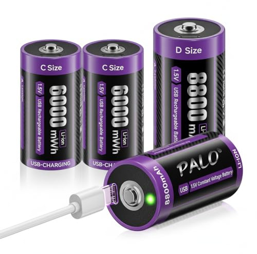 Mspalocell [4 Pack] - USB-C Pile Rechargeable 1,5 V Lr14 6000Mwh & Pile D 8800Mah Mono Lr20, Lithium Type C à Charge Rapide avec Câble Charge pour Lampe Charge, Faible Autodécharge, 1500+ Cycles