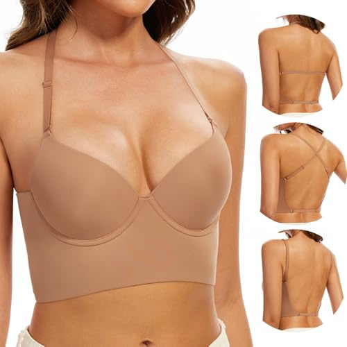 MimiChic Reggiseni a Schiena Bassa - Reggiseno Invisibile Scollato a Profondo Senza Cuciture - Reggiseno Morbido con Ferretto Multiway Halter (Reddish Brown, 2C)
