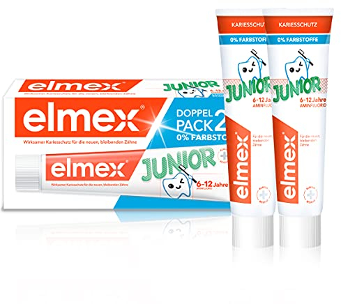 elmex Zahnpasta Junior 6-12 Jahre 2x75ml – medizinische Zahnreinigung mit 1400 ppm Fluoridgehalt für hochwirksamen Kariesschutz – stärkt die neuen, bleibenden Zähne